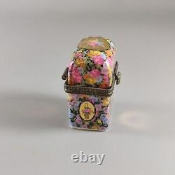 Boîte à bijoux parfumée Limoges France, peinte à la main, signée, motif floral chintz, vintage.
