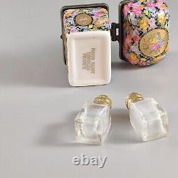 Boîte à bijoux parfumée Limoges France, peinte à la main, signée, motif floral chintz, vintage.