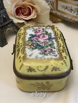 Boîte à couvercle Limoges antique peinte à la main avec des fleurs jaunes EXQUISE