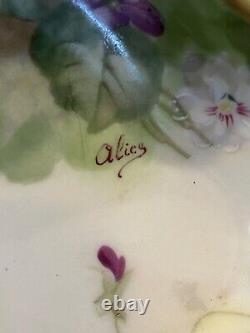 Bol à biscuits et plateau de service Limoges français peints à la main avec des fleurs signés par l'artiste