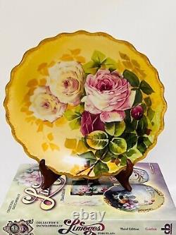 Bol de roses peint à la main Limoges antique des années 1900, signé par l'artiste, 10 1/2