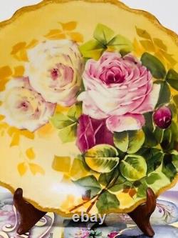 Bol de roses peint à la main Limoges antique des années 1900, signé par l'artiste, 10 1/2
