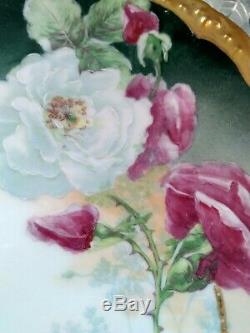 Élégant Limoges Antique Main En Porcelaine Peinte Et Signée 12 Pouces Roses Sauvages