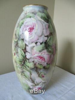 Énorme Antique Limoges France Porcelaine Peinte À La Main Vasebig Roses