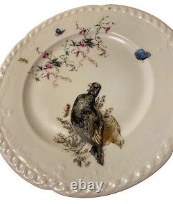 Ensemble ancien de 9 assiettes Haviland Limoges peintes à la main avec des oiseaux, des papillons et des fleurs