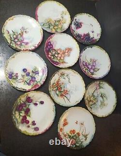 Ensemble de 10 assiettes en porcelaine de Limoges peintes à la main avec des baies dorées D 8 1/4