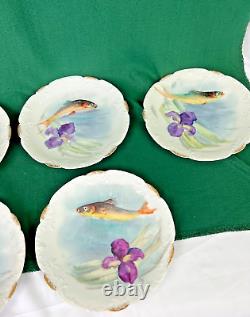 Ensemble de 6 assiettes à poissons anciennes en porcelaine de Limoges peintes à la main, signées par l'artiste, 8,75 pouces, France