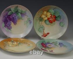 Ensemble de 6 assiettes peintes à la main de M Belcher avec des roses lilas sur des supports en porcelaine de Limoges.