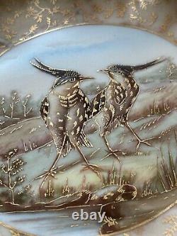 Ensemble de 7 Assiettes Antiques Limoges France 9 Oiseaux Peints à la Main en Or-ca. 1891 1914