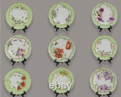 Ensemble vibrant de 10 assiettes de fleurs peintes à la main Limoges Jean Pouyat des années 1890, 8 3/8 pouces