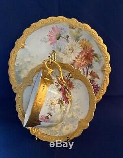 Exquis Limoges B & H Painted Hand Gold Plate Incrustées Trio Cup Saucer C. 1900