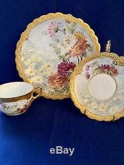 Exquis Limoges B & H Painted Hand Gold Plate Incrustées Trio Cup Saucer C. 1900