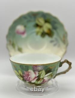 Exquis Limoges Flambeau Tasse à Thé et Soucoupe Peinte à la Main Signées par Gilbert