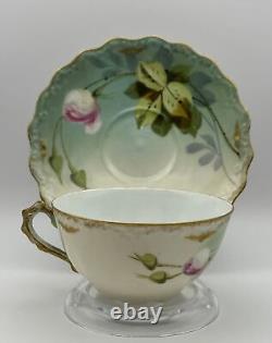 Exquis Limoges Flambeau Tasse à Thé et Soucoupe Peinte à la Main Signées par Gilbert