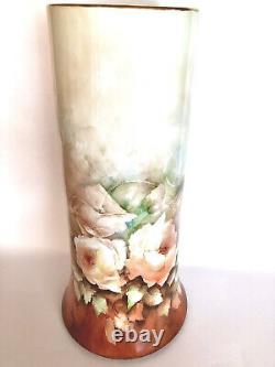 Exquise Antique Limoges Vase De Porcelaine Peint À La Main Wht/peach Roses 15
