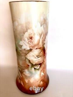 Exquise Antique Limoges Vase De Porcelaine Peint À La Main Wht/peach Roses 15