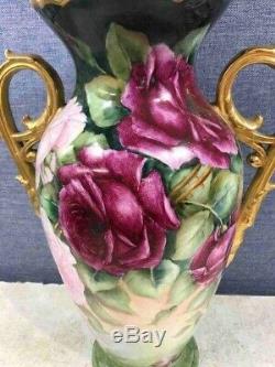 Français Porcelaine Peinte À La Main Vase Rose Avec Poignées, Artiste Limoges Vase Signé