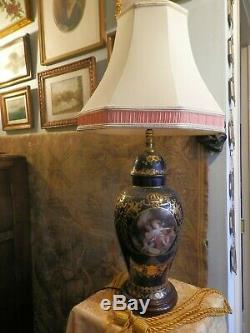 Grand Antique Style Français De Porcelaine Peinte À La Main Lampe Gild Émail Bleu Cobalt
