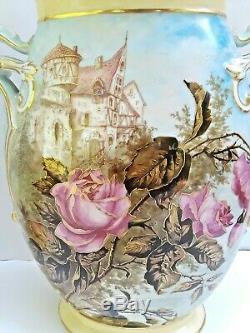 Grand Paire 13 Antique Peints À La Main Bawo Dotter Limoges Scenic Vases Garniture