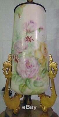 Grand Rose Porcelaine Peinte À La Main Limoges Français Jaune Rose Lampe Vase