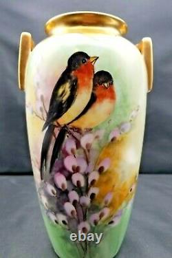 Grand Vase Peint À La Main En Porcelaine Avec Robin Birds & Flowers Signé Jorgensen