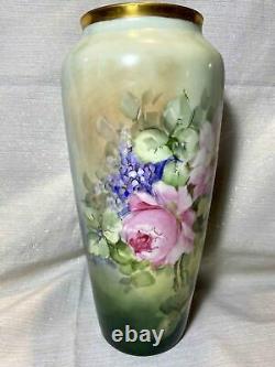 Grand Vase Rose Lilas Peint À La Main De Limoges, Artiste Signé