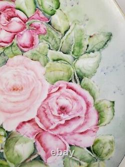 Grande Main Peinte Limoges Pink Rose Porcelaine Chargeur Artiste Signé