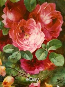 Grande Plaque De Chargeur De Roses Peintes À La Main De Limoges, Signée Par L'artiste Énuméré