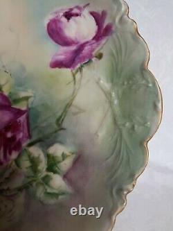 Haviland Limoges France Plaque D'armoire Peinte À La Main Roses Violettes Design Geraldic