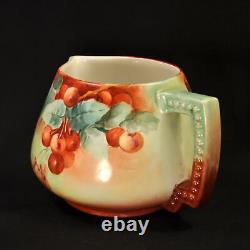 JPL Pouyat Limoges Pot à cidre peint à la main avec cerises rouges suspendues 1890-1932 HTF