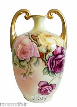 J P L Limoges Main Vase De Roses Peintes Muscle Poignées D'or