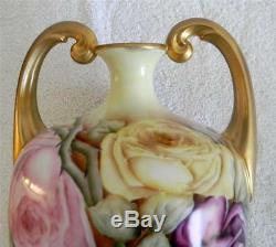 J P L Limoges Main Vase De Roses Peintes Muscle Poignées D'or