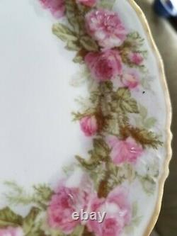 Jean Pouyat Limoge Pink Rose Band Border Cake Dessert Plate Set Hand Paint Chine