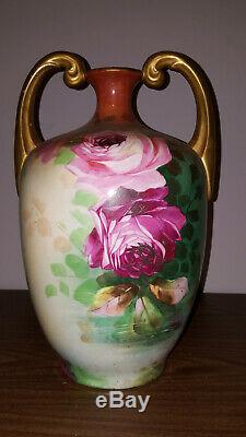 Jp Limoges Decores Roses 13,5 Vase Muscle Or Poignées Et Signé