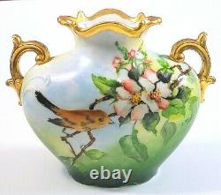 Jp Limoges France Antique Peint À La Main Vase À Poignée D'oiseau Rose Sauvage
