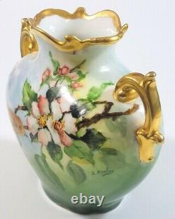 Jp Limoges France Antique Peint À La Main Vase À Poignée D'oiseau Rose Sauvage