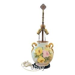 Lampe de table en porcelaine Vtg Jean Pouyat Limoges France décorée de roses peintes à la main