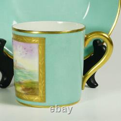Le Tallec Français Porcelain Cup & Soucoupe Mint & Gold Painted Coastal Scene