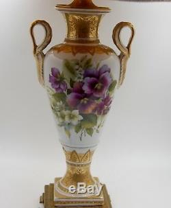 Limoges Antique France Lampe En Porcelaine Peinte À La Main Fleurs Magnifiques