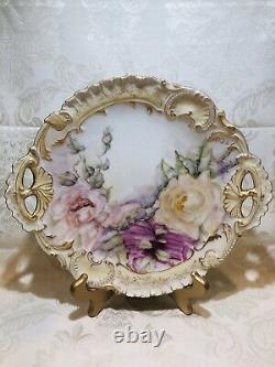 Limoges Antique Handpainted Cake Plate Pink Roses, Gold Trim, A. Lanternier, 11 3/4