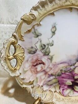 Limoges Antique Handpainted Cake Plate Pink Roses, Gold Trim, A. Lanternier, 11 3/4