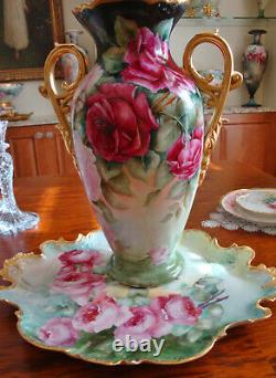Limoges Antique Porcelaine Peinte À La Main Roses Vase No Réserve