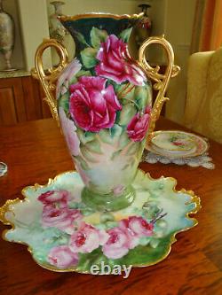 Limoges Antique Porcelaine Peinte À La Main Roses Vase No Réserve