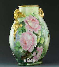Limoges Antiquités Peint À La Main Roses Dragon Poignées Vase