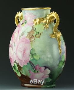 Limoges Antiquités Peint À La Main Roses Dragon Poignées Vase