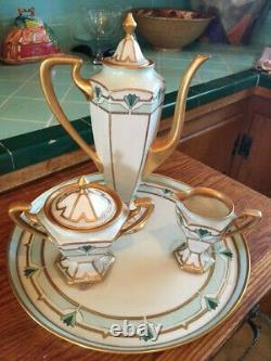 Limoges Art Deco Hand-painted Coffee/chocolate Set Avec Tray 1925 Daté, Signé