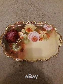 Limoges Coronet Grand Roses Vanity Trinket Plateau Plaque Vaisselle Platter Peinte À La Main