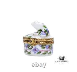 Limoges France Boîte à bijoux en porcelaine peinte à la main avec grenouille à fleurs - RARE
