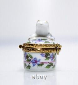 Limoges France Boîte à bijoux en porcelaine peinte à la main avec grenouille à fleurs - RARE