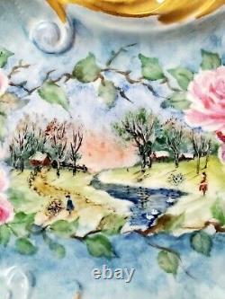 Limoges France Platter Peint À La Main Avec Des Roses Et Du Paysage 11- Signé